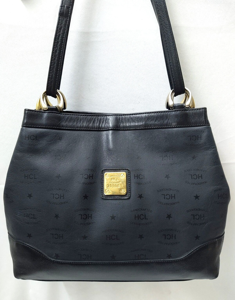 HCL Black Leather Double Handes Crossbody Shoulder Bag - Vintage Made in Germany